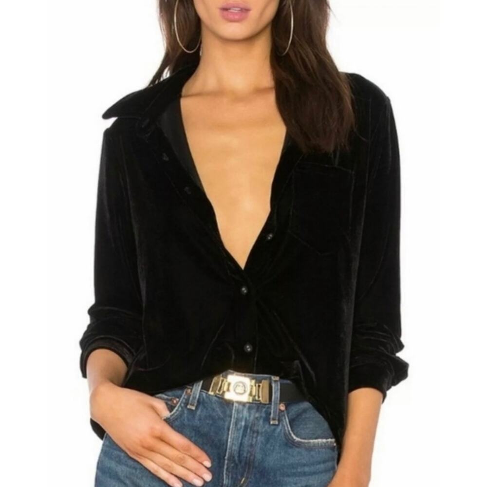 REVOLVE L'Academie The Classic Shirt Velvet Oversized Button Front M Luxe Chic